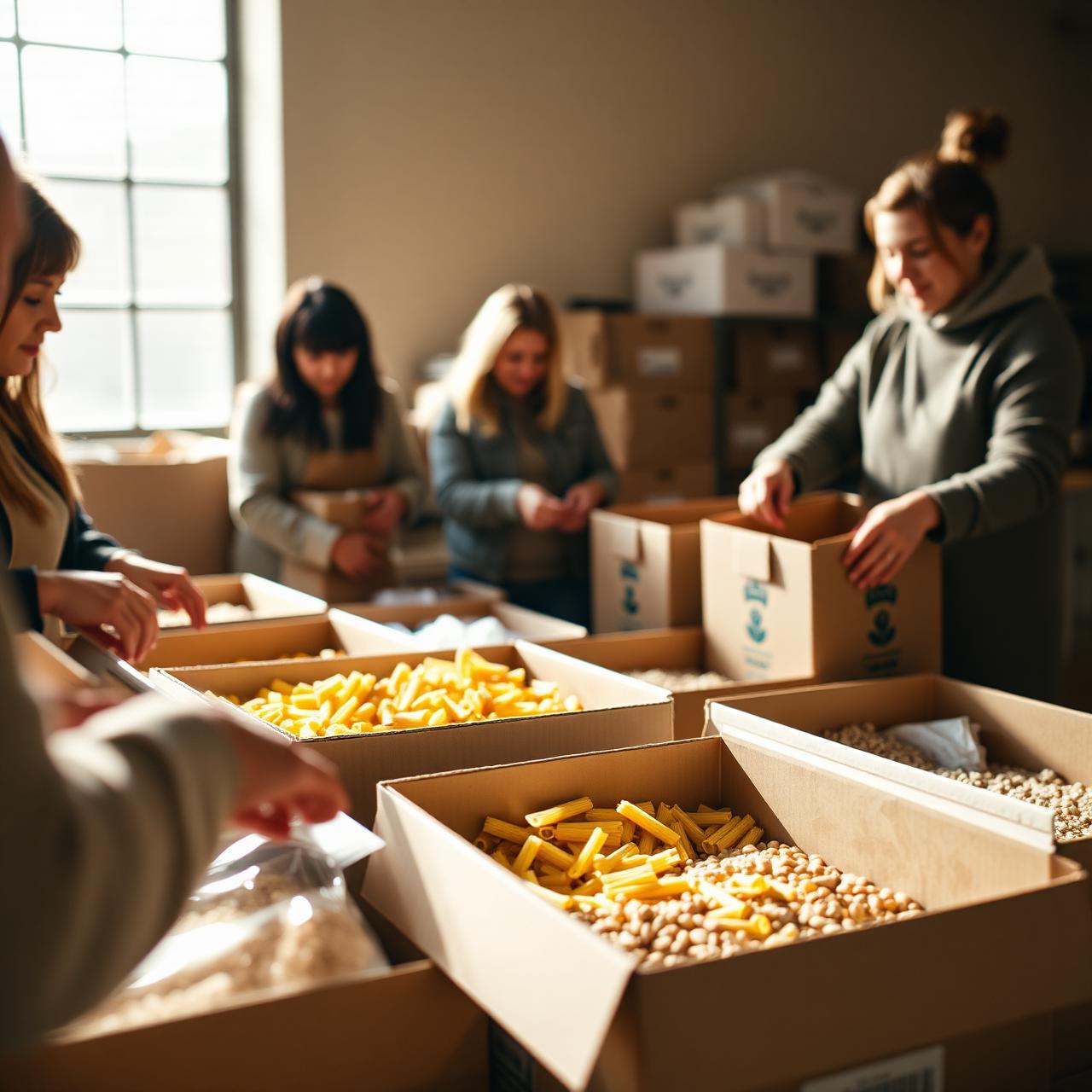 Volunteers packing food donations
